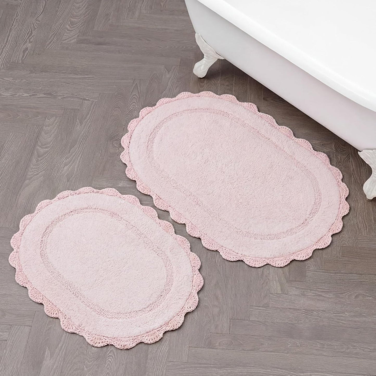 Laura Ashley Eloise 100% Cotton Oval Bath Mat 2-Piece Set with Crochet Border, Soft & Absorbent, Light Pink 17" x 24"/20" x 32" Bathroom Rugs