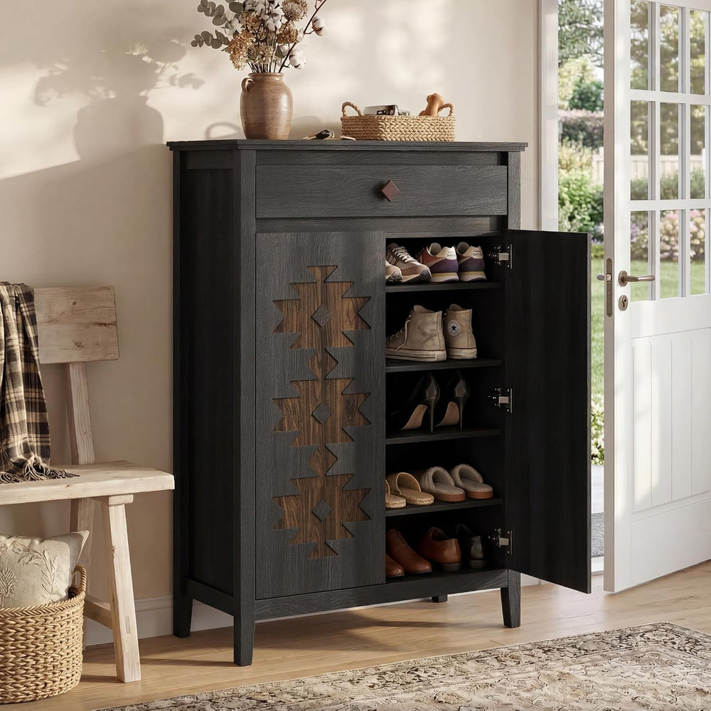 5-Tier Shoe Cabinet with Drawers, Wooden Shoe Storage Cabinet with Adjustable...