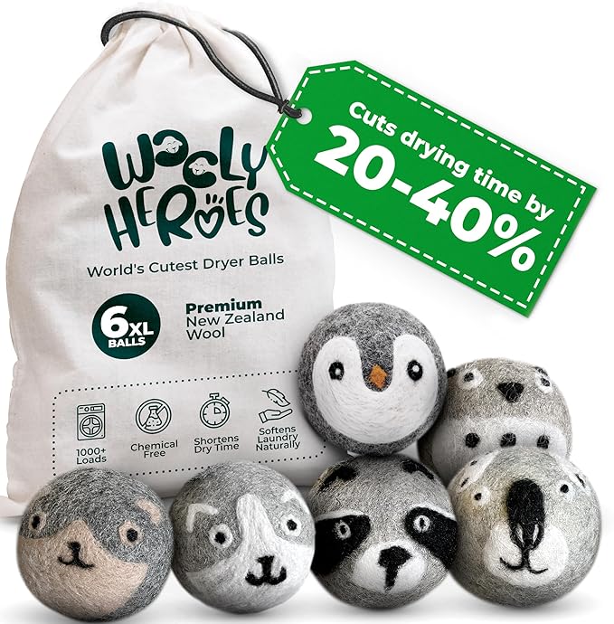 No More Dryer Sheets! Reusable Wool Dryer Balls XL 6-Pack by WOOLYHEROES