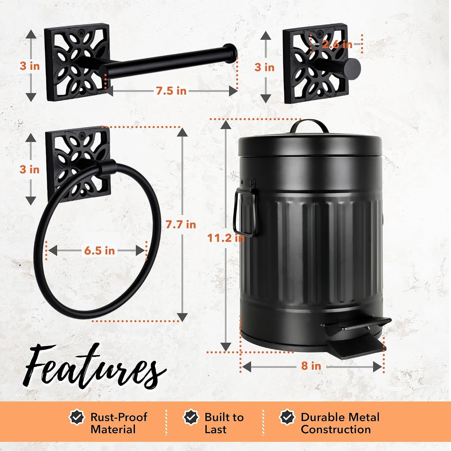 Autumn Alley Matte Black Farmhouse Bathroom Set – 5-Piece Hardware Kit with Towel Ring, TP Holder, Hooks & Metal Step Trash Can with Lid for Rustic, Modern Bathroom Décor
