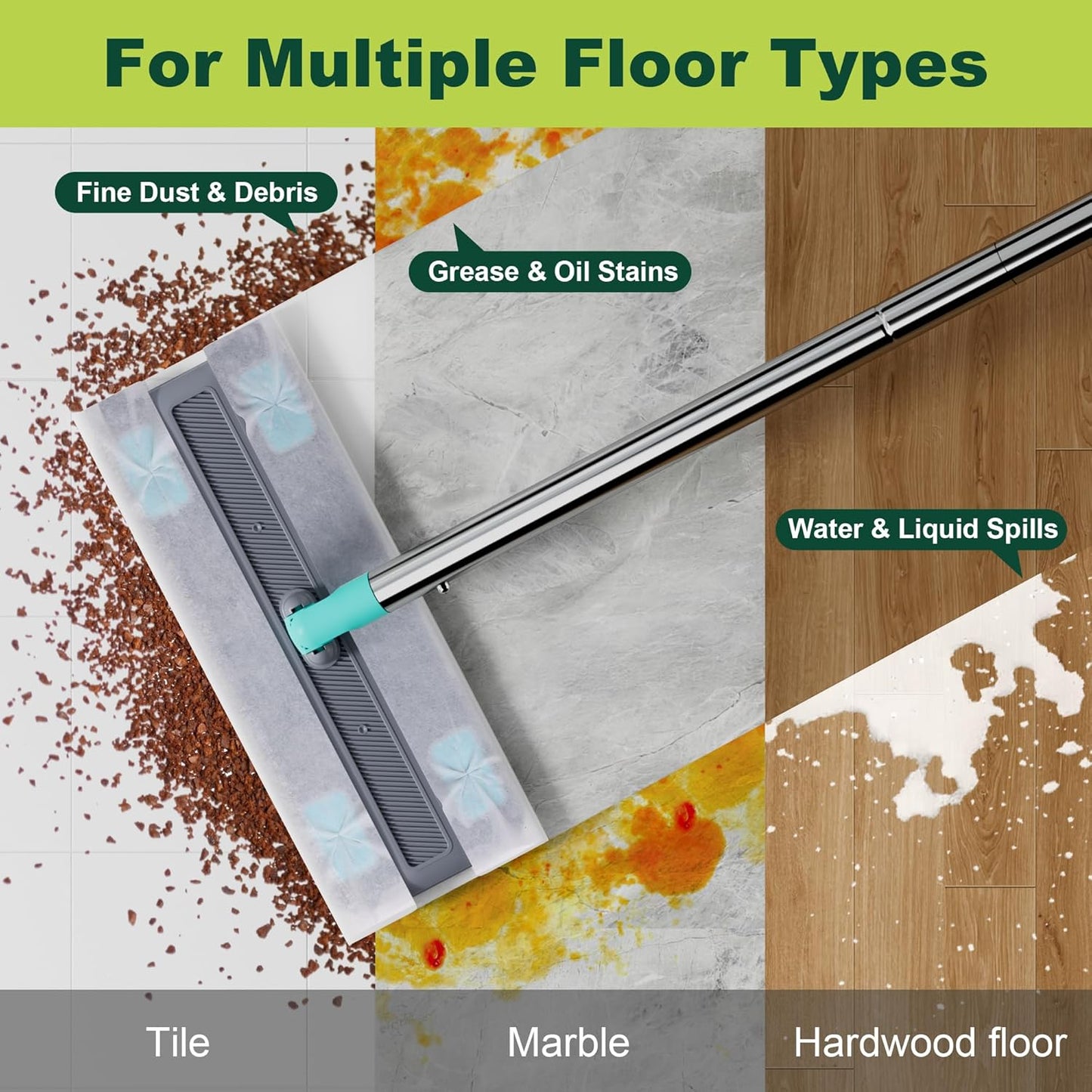 JOYMOOP Hands Free Multi Purpose Flat Mop, Dust Mop for Pet Hair and Floor, 36 Dry + 6 Wet Refills, Turquoise-Cyan & Muted Grey