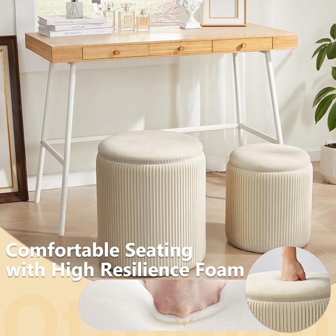 Round Ottoman with Storage Set of 2, Vanity Stool with Storage - Image 5