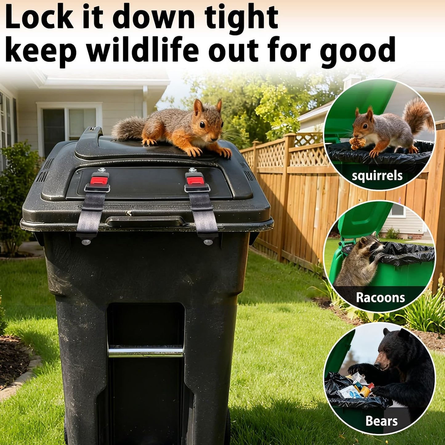 4pcs Trash Can Lock Wide-Width Nylon Tape Bear Proof Trash Can with Locking Lid, TrashCan Lock for Raccoon Animals Garbage Out Door