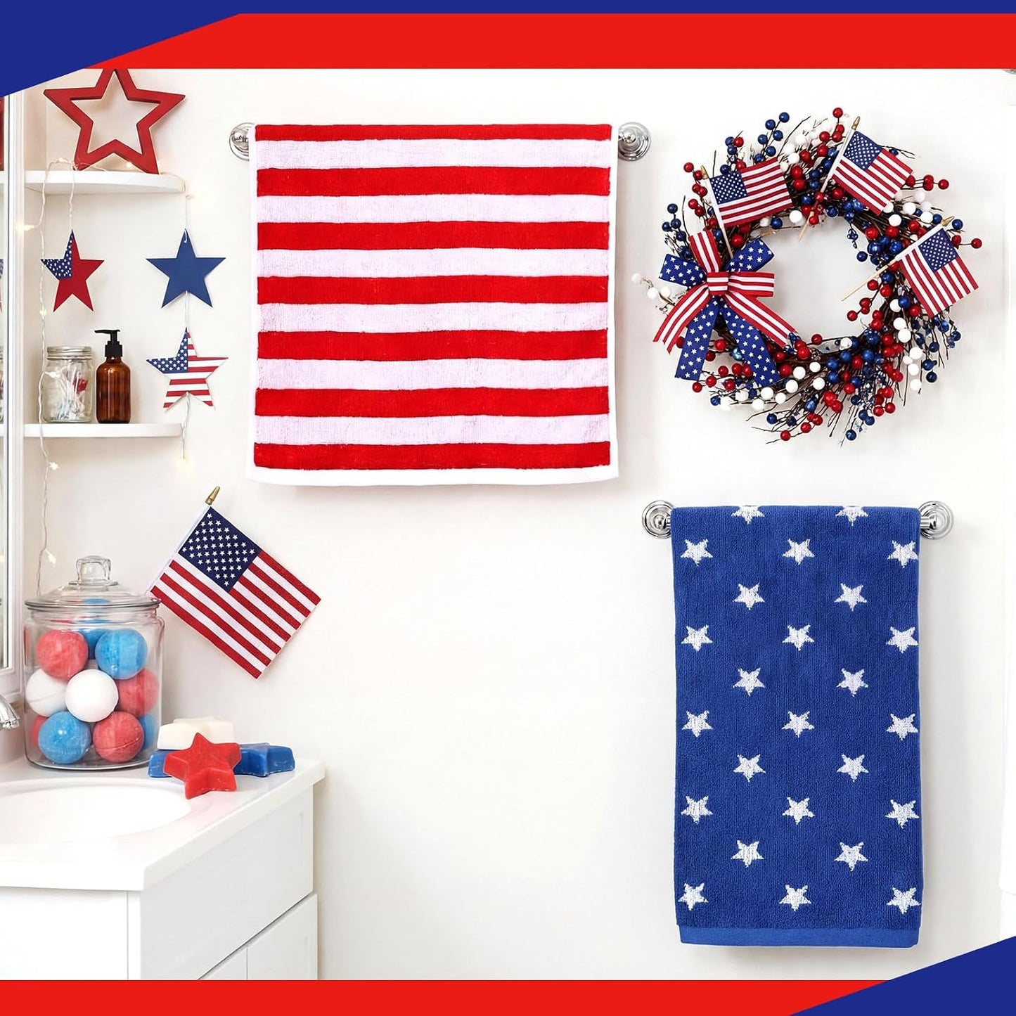 Breling 4 Pcs 4th of July Bathroom Rugs and Towels 250th Anniversary Red and White Striped Rugs and Towels Patriotic Non Slip Soft Absorbent Bath Mats for Independence Day Bathroom Home Decoration