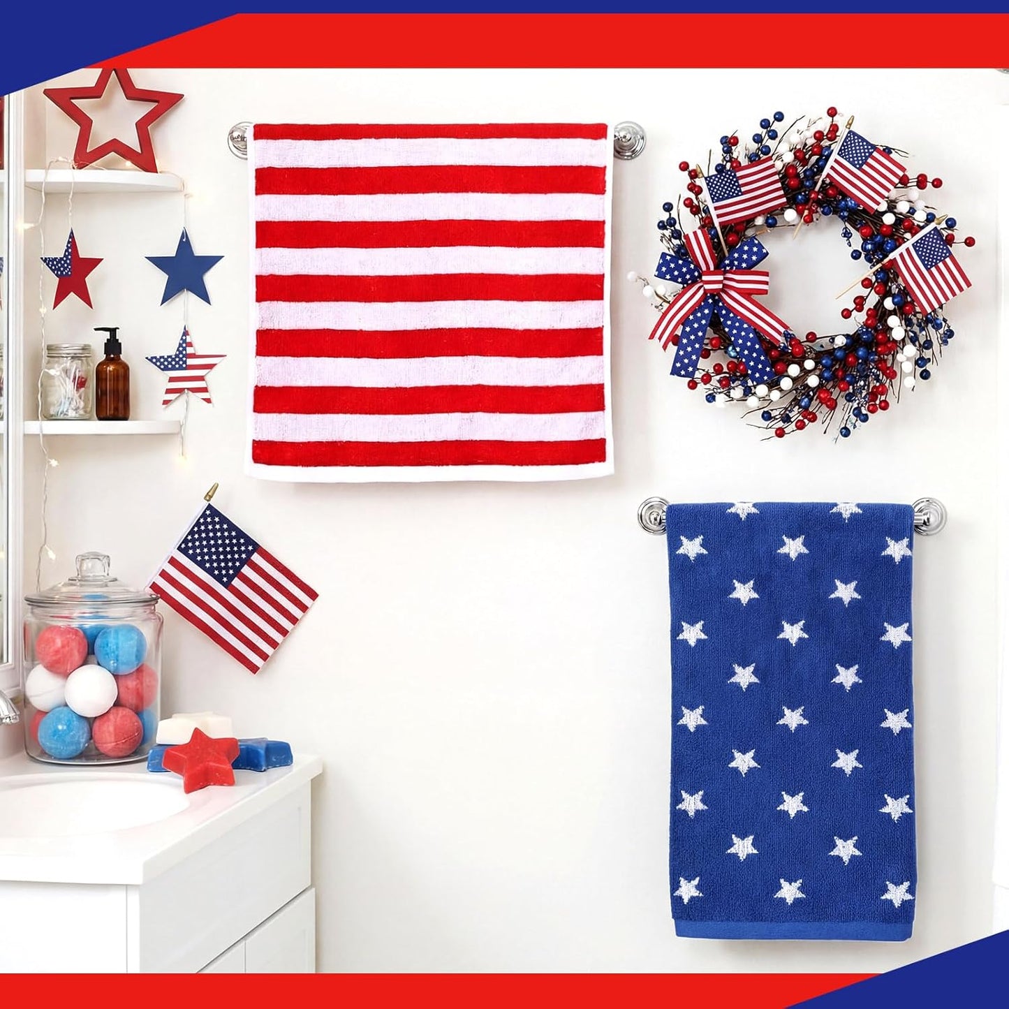 Breling 4 Pcs 4th of July Bathroom Rugs and Towels 250th Anniversary Red and White Striped Rugs and Towels Patriotic Non Slip Soft Absorbent Bath Mats for Independence Day Bathroom Home Decoration