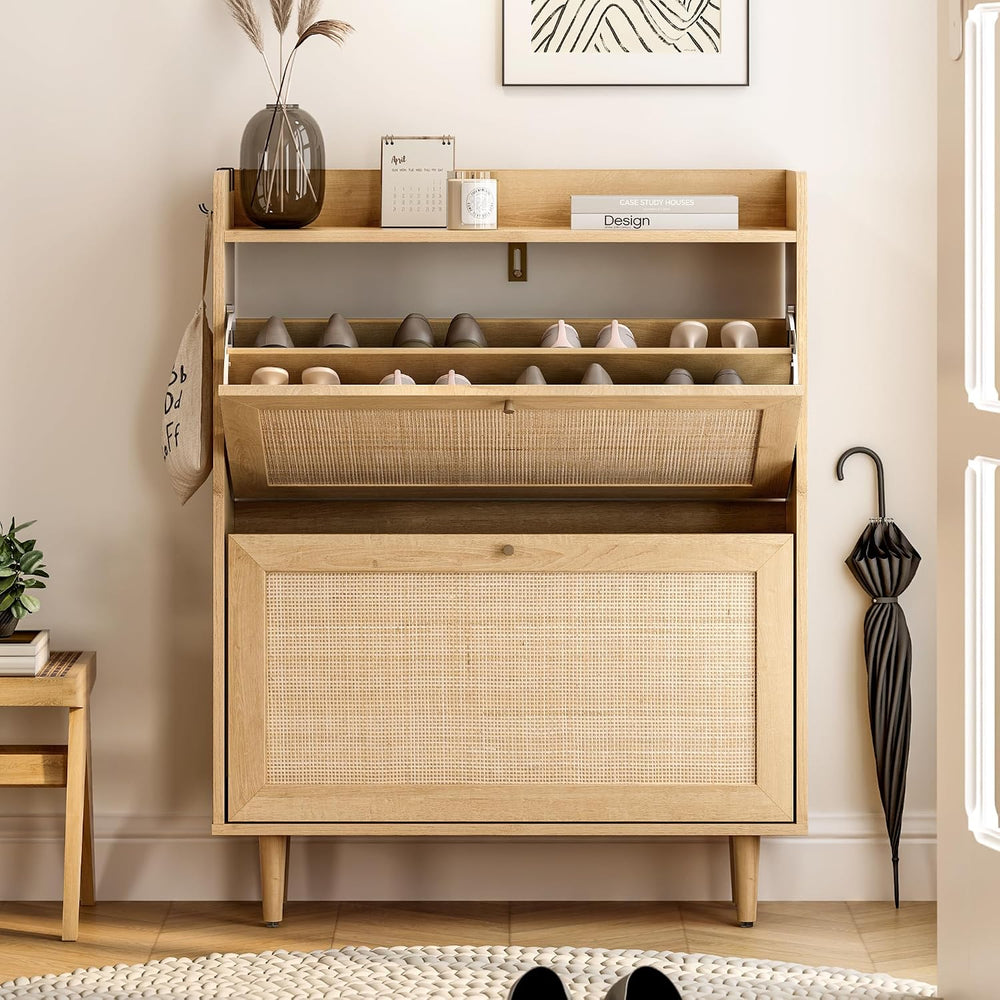 EYYTHUNG Rattan Shoe Cabinet with 2 Flip Drawers, Mid Century Modern Shoe Org...