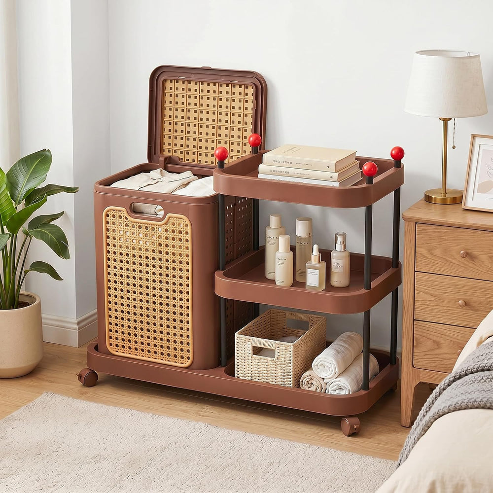 VECELO Rattan-Style Rolling Laundry Hamper Cart, 3-Tier Storage Shelf with Wh...