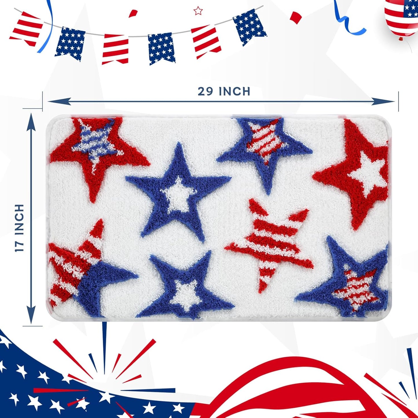Moutina 3D Red White Blue Stars Bathroom Rugs 17x29 Inch, Soft and Absorbent Tufted 4th of July Rug Non Slip Washable, Patriotic Bathroom Decor Bath Mat Holiday Decorations