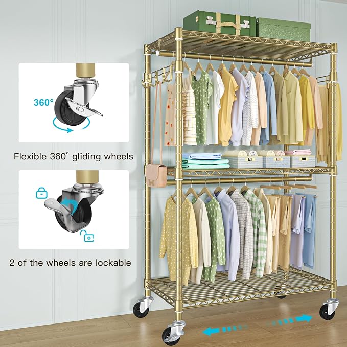 FUTASSI P1 Rolling Clothes Rack, Movable Metal Garment Closet Organizer - Image 5