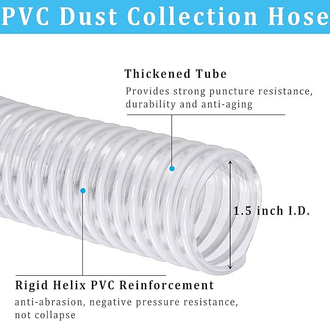 Dust Collection Hose 1-1/2 in × 20 ft Heavy Duty Clear Flexible PVC Reinforced - Image 2