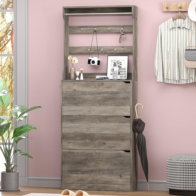Shoe Cabinet with 3 Flip Drawers & Coat Rack, Narrow Hidden Shoe Storage Cabinet - Image 3