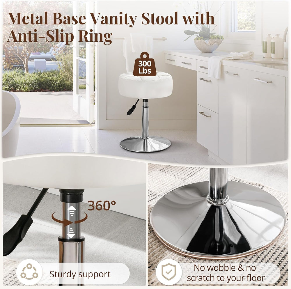 LUE BONA Adjustable Vanity Stool, 360 Swivel Chair for Makeup Room, White Fau...