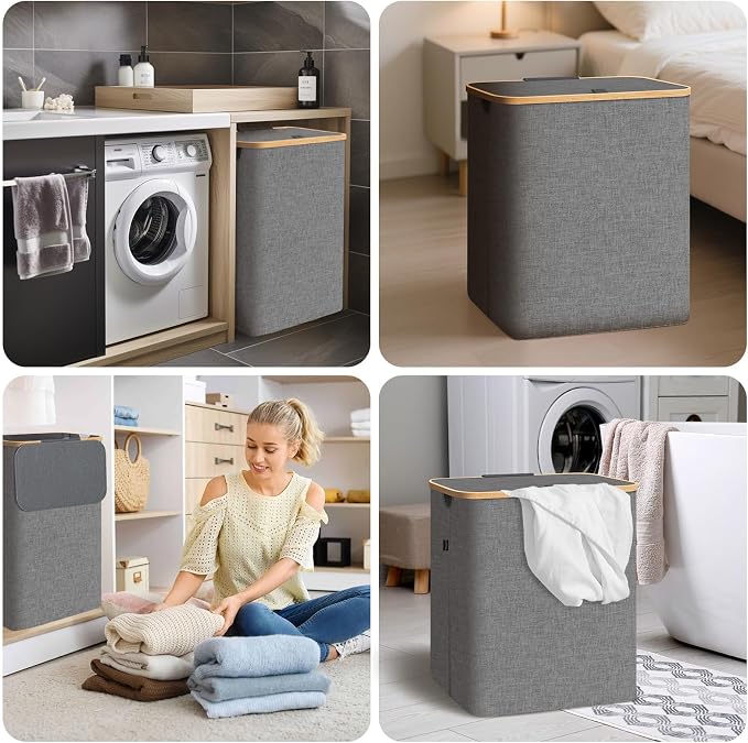 BALEINE Laundry Hamper with Lid, Tall Laundry Baskets with Bamboo Pull Handles - Image 8
