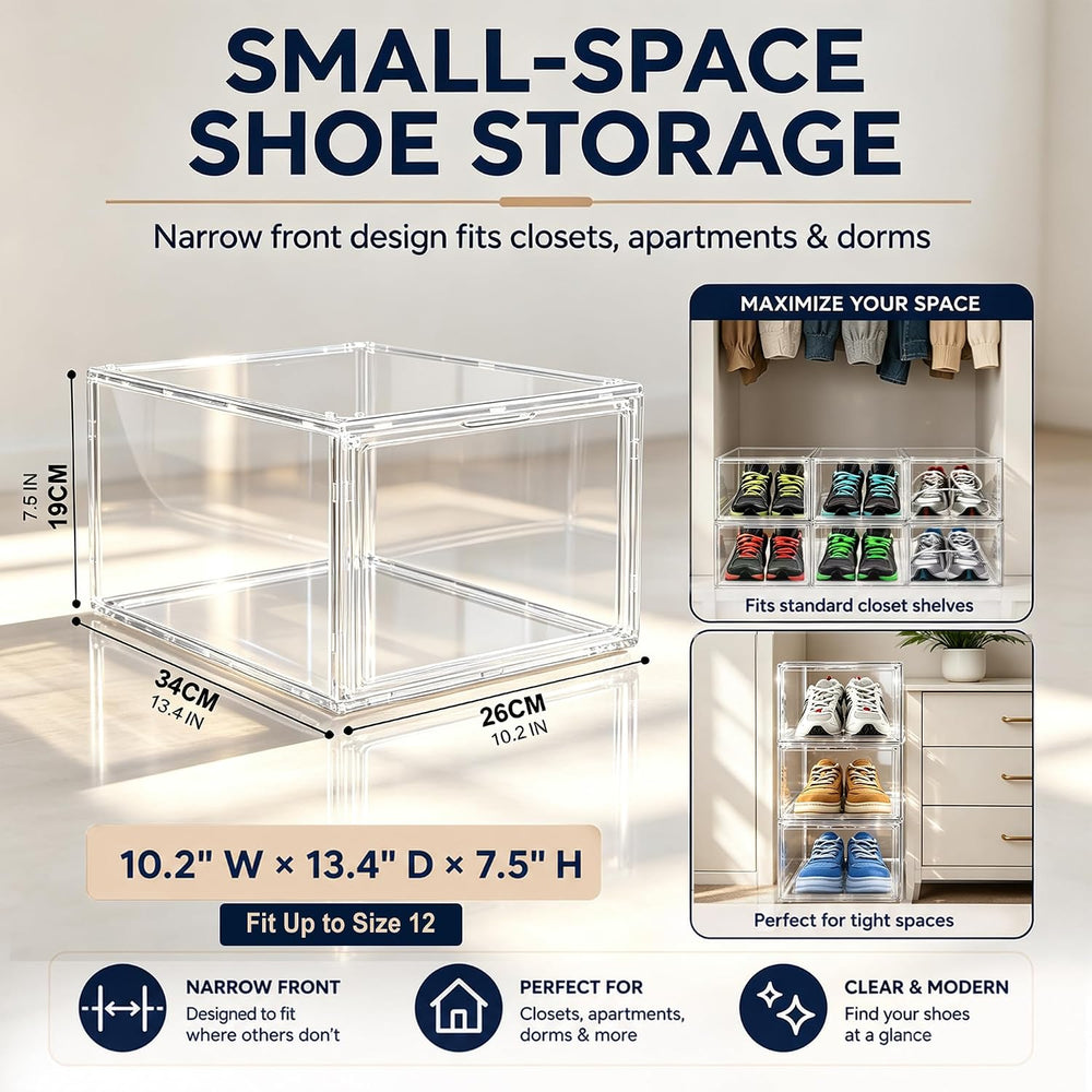 12 Pack Clear Acrylic Shoe Boxes Fit Size 12, Front Door for Small Closets