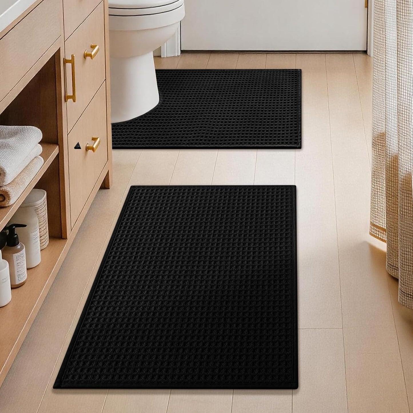 YIHOUSE Waffle Bath Mat Set, Ultra Soft & Absorbent Bathroom Rug Set, Non-Slip Rubber Backed, Quick Dry Shower Mat, Boho Farmhouse Bathroom Decor, Machine Washable, Black, 2 PCS