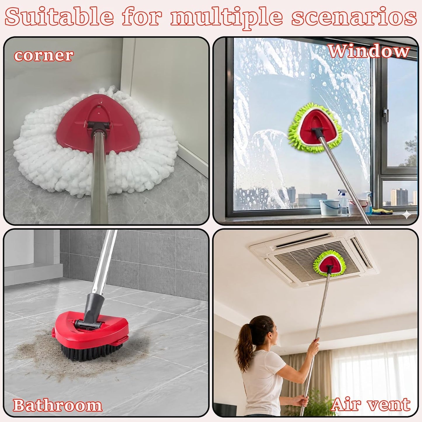 Spin Mop Heads Replacement for Ocedar, Upgrade Scrub Brush Replace Heads for o Cedar Easywring 1 Tank, Include 3 Pack Spin Mop Refills, 1 Pack Scrubber Mop Head and 1 Mop Base