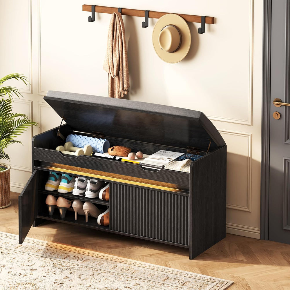 HOMEFORT Shoe Storage Bench, Modern Entryway Bench with Fluted Doors & Bu...