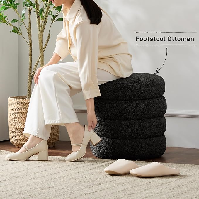 Round Ottoman with Storage Boucle Ottoman Stool with Storage Removable Lid - Image 5