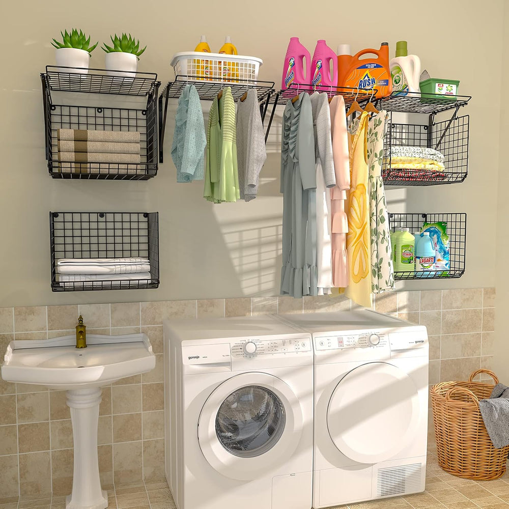 3IngSeagulls 2 Pack Laundry Room Shelves, Wire Baskets with 8 Hooks, Over Was...