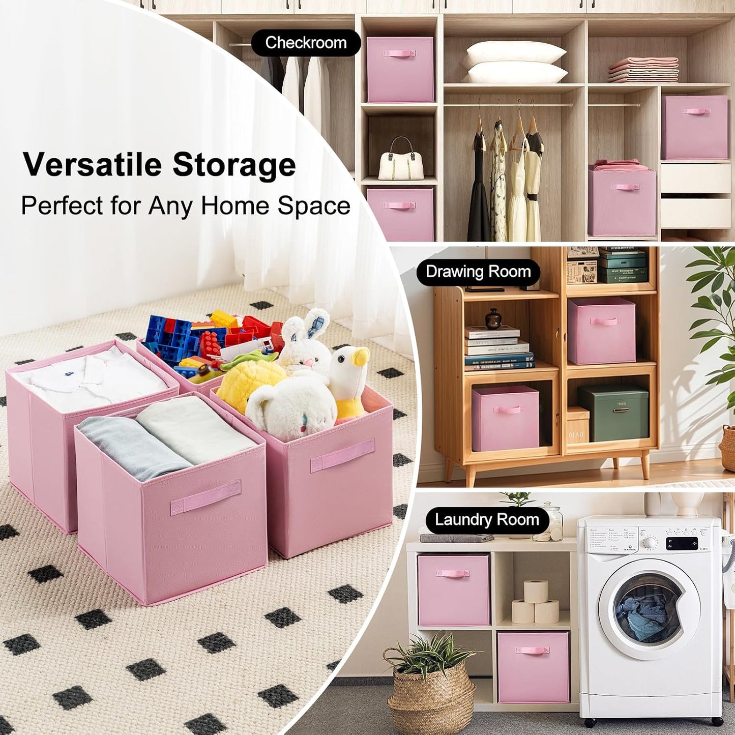 Fabric Storage Bins - 6 Pack Collapsible Cube Organizer for Closet, Shelves & Living Space, Pastel & Dark Color Options - Foldable Storage Boxes with Handles for Clothes (Pink, 11 inch)