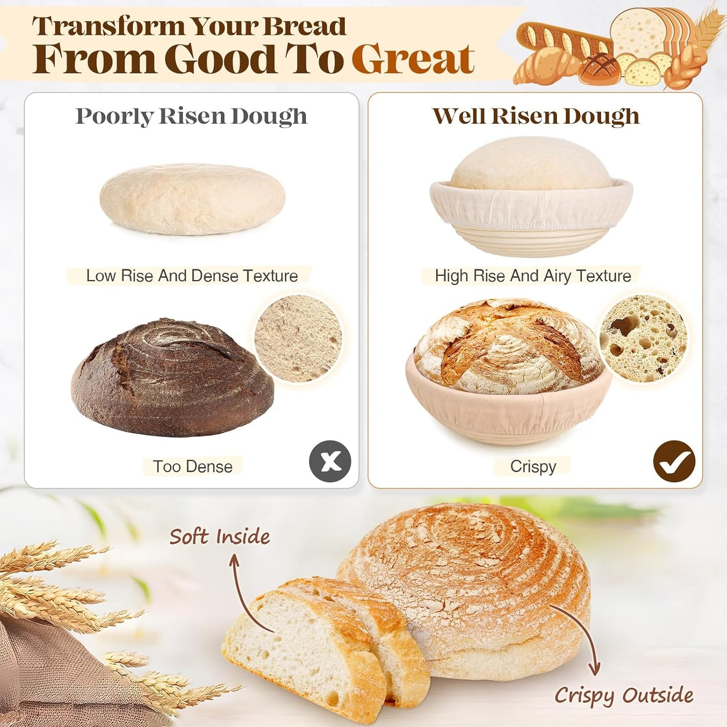 Sourdough Starter Kit with Bread Proofing Baskets, Jars, Baking Essentials | 9 in Round & 10 in Oval Baskets Set, Sourdough Bread Baking Supplies, Sour dough Beginner Kit Gifts for Bakers Women Wife Mom