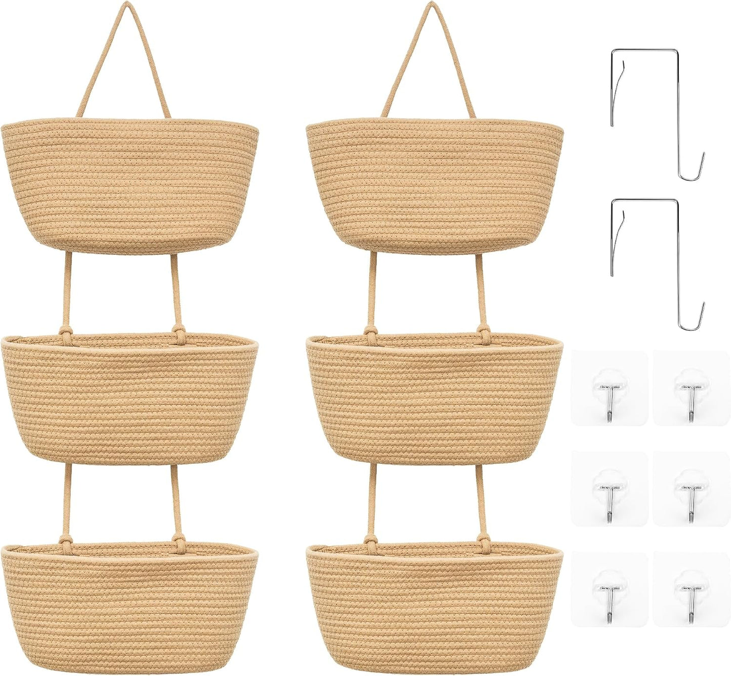 3-Tier Over the Door Hanging Basket (Set of 2) Adjustable, Detachable Woven Storage Baskets with Wall and Door Hooks - Decorative Boho Organizer for Nursery, Playroom, Bedroom, Kitchen, Apartment