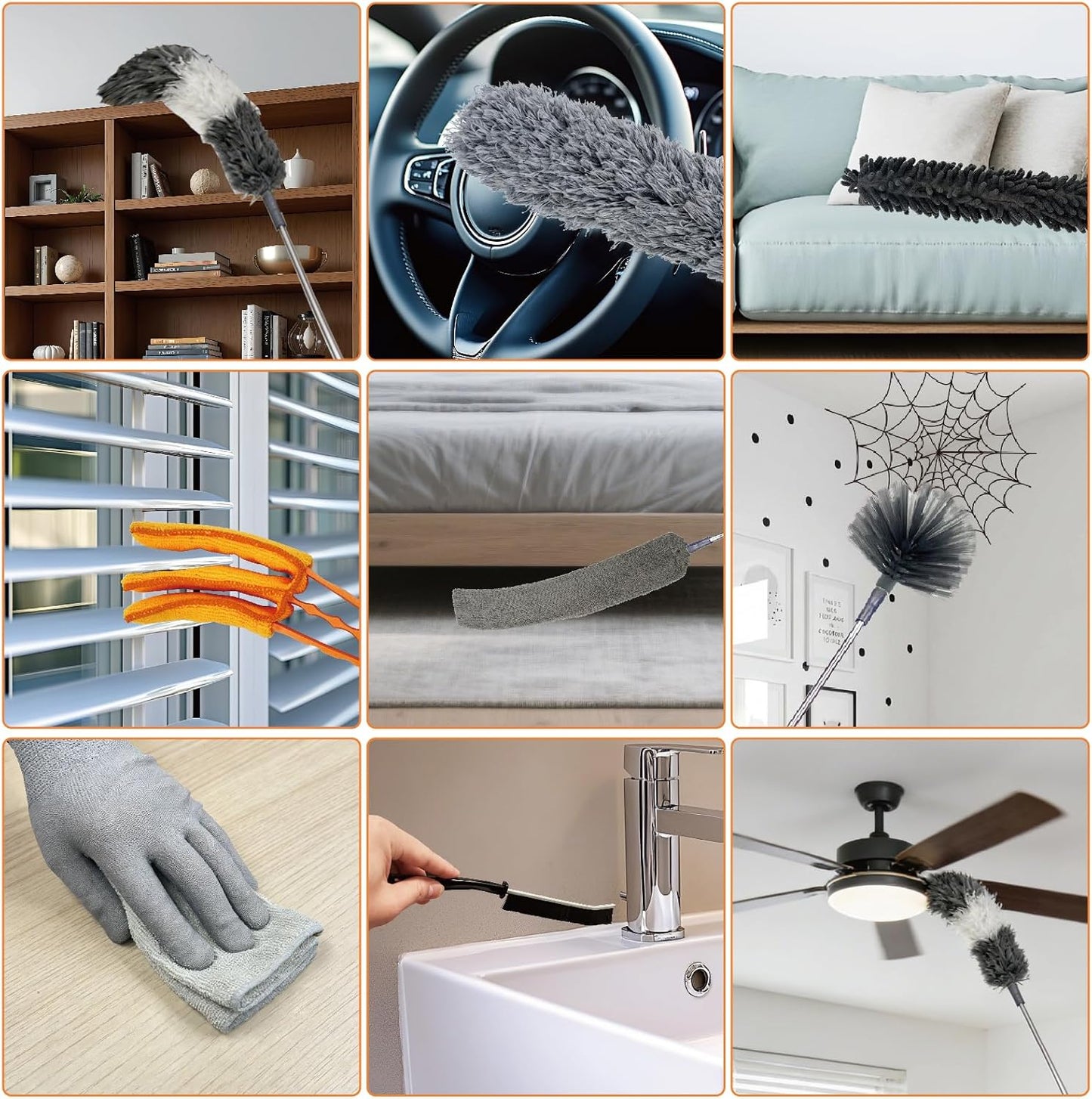 15 PCS Feather Dusters for Cleaning, Microfiber Duster with Extension Pole 100in, Extendable Duster for High Ceilings, Ceiling Fans, Baseboards, Blinds, Car Interior - Washable Reusable Dusting Tools