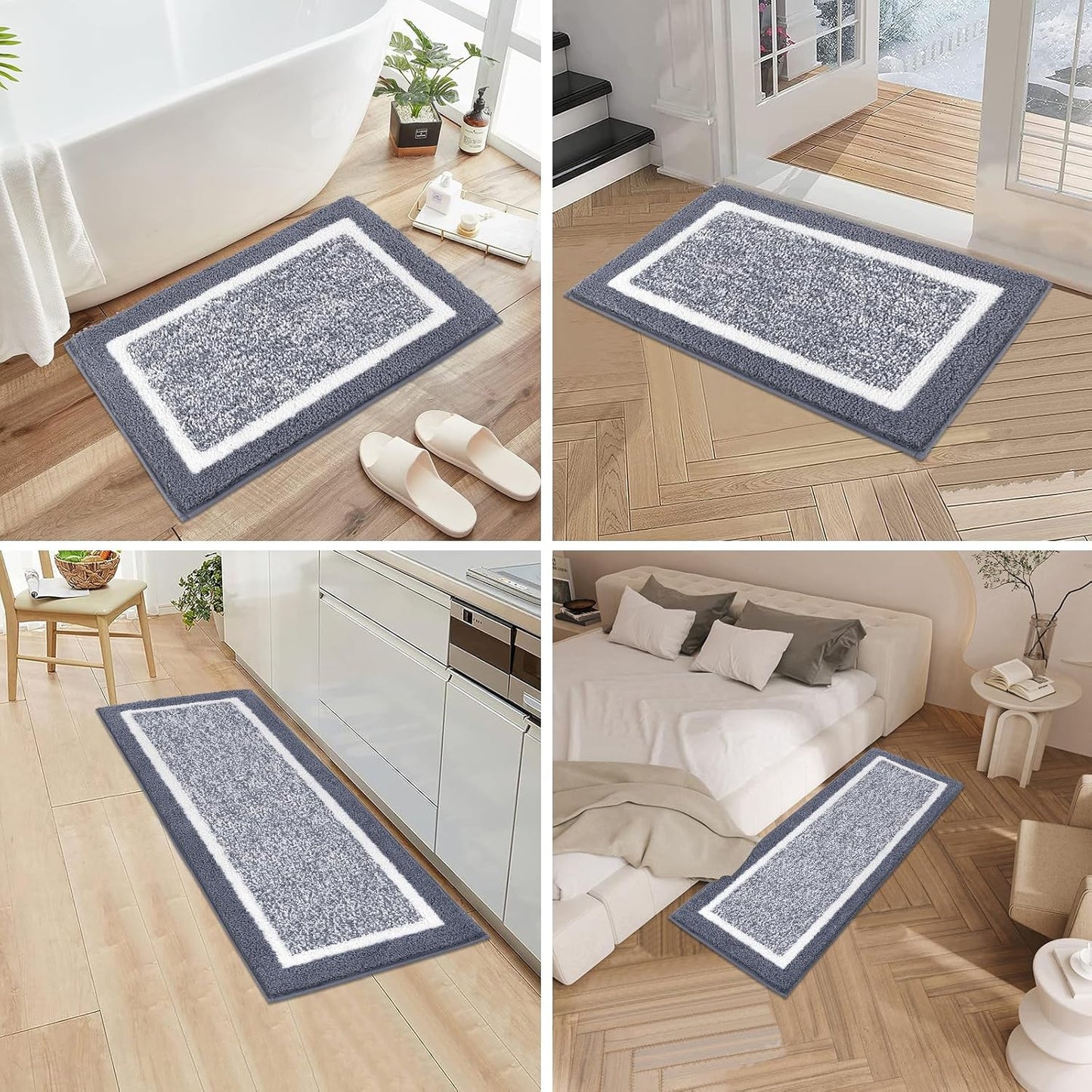 Pauwer Bathroom Rugs Set 3 Piece Non Slip Washable, Plush Absorbent Microfiber Bath Mat Shower Rug Runner Quick Dry, Super Soft U Shaped Toilet Mats Floor Carpet, Dark Grey