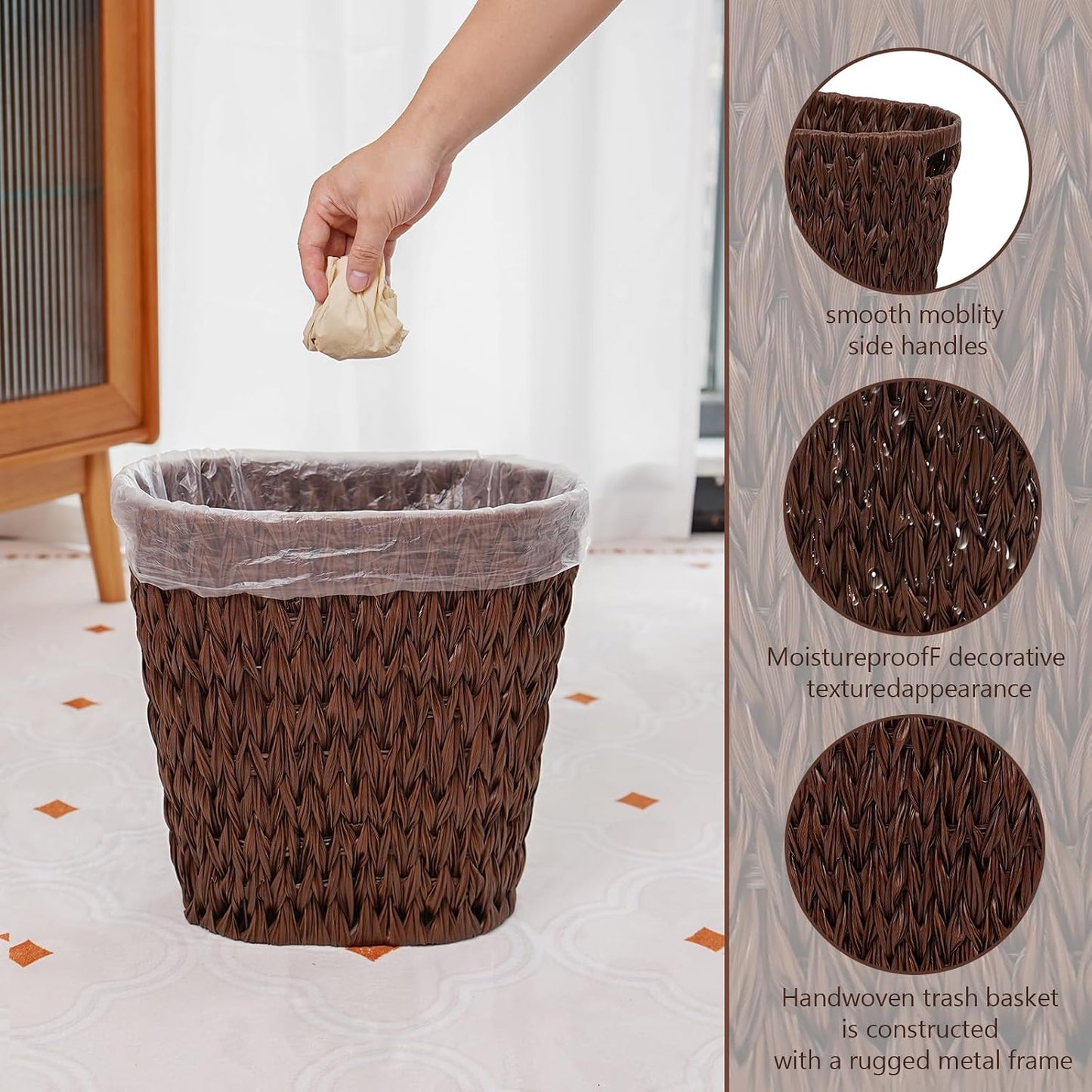 Wicker Trash Can,Waterproof Bathroom Waste Basket,Plastic Wicker Woven Waste Basket with Built-in Handles, 19 Liters/5 Gallons,Decorative Boho Rubbish Bin for Bedroom, Office, Kitchen, Laundry (brown)