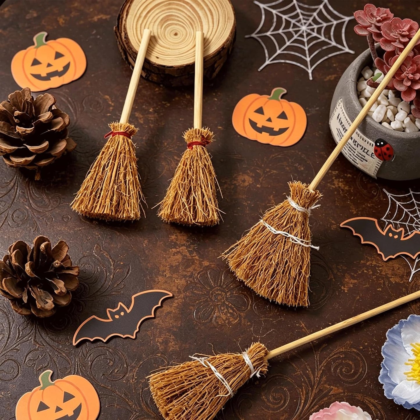 24 Pcs Mini Witch Broom Decorations, 3 Sizes Natural Straw Broom Props with Red/White Ropes, Miniature Broom Ornaments for Halloween Party Favors Cosplay Dollhouse Home Decor & DIY Crafts Supplies