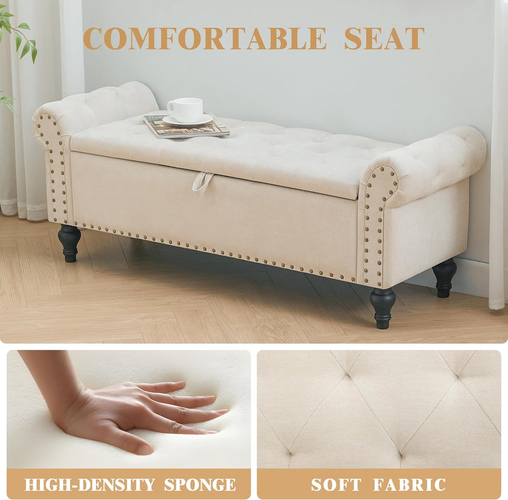 51" Storage Bench for Bedroom, Upholstered Ottoman Bench, Chenille Beige