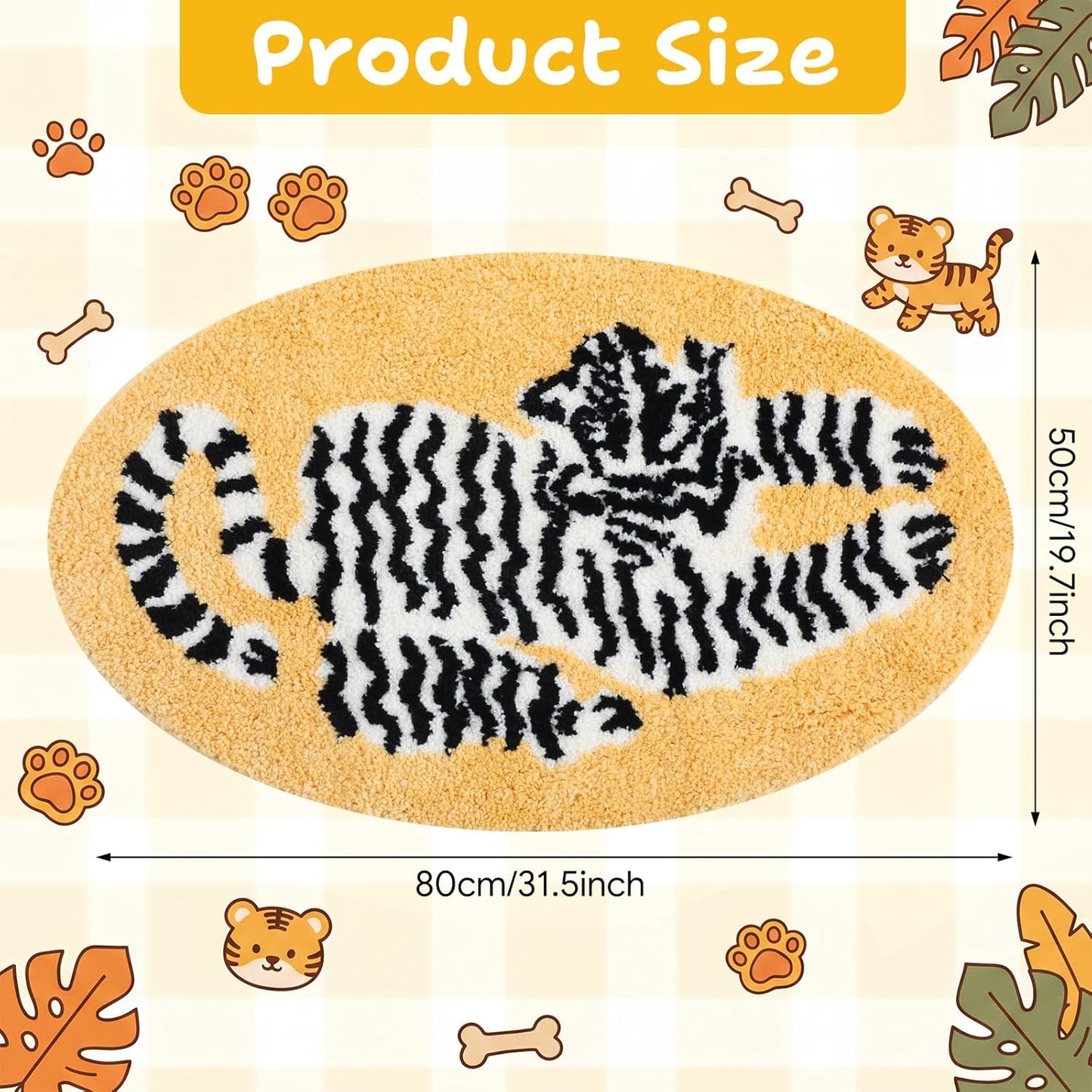 Tinideya 31 x 20 Inch Oval Tiger Bath Rug Yellow Tiger Floor Mat Soft Plush Absorbent Non Slip Bathroom Door Mat for Bathroom Shower Bedroom Living Room Animal Print Home Decoration