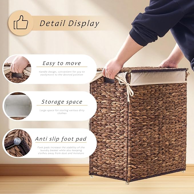 Handwoven Laundry Basket with Lid, Natural Water Hyacinth Storage Basket with - Image 5