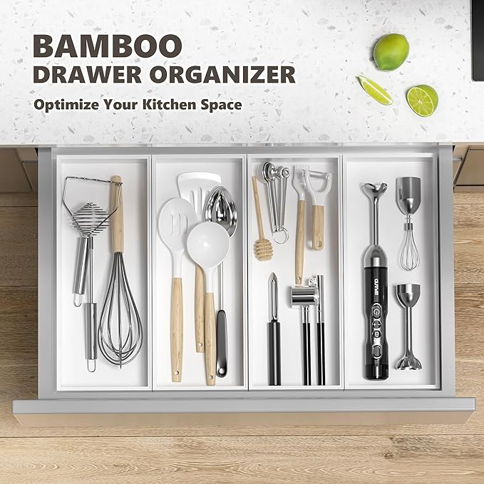 Kitchen Drawer Organizer Bins, Stackable Deep Bamboo Drawer Organizer - Image 3