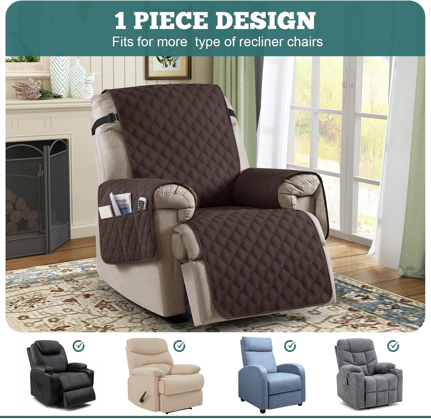 Ruaozz 100% Waterproof Recliner Chair Covers, Non-Slip Reclining Covers for Recliner Chair Washable Chair Cover, Recliner Covers with Pockets for Kids, Dogs, Pets (Chocolate, 23'')