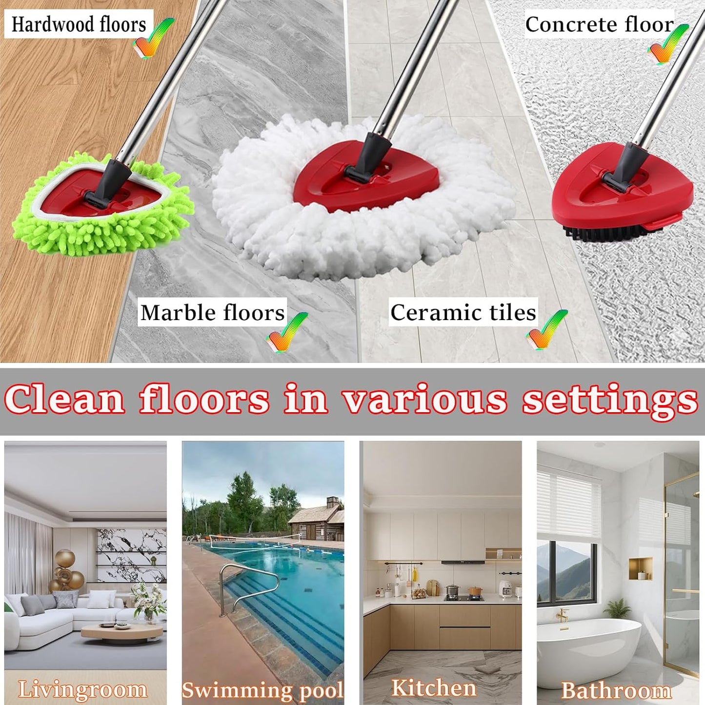 Spin Mop Heads Replacement for Ocedar, Upgrade Scrub Brush Replace Heads for o Cedar Easywring 1 Tank, Include 3 Pack Spin Mop Refills, 1 Pack Scrubber Mop Head and 1 Mop Base