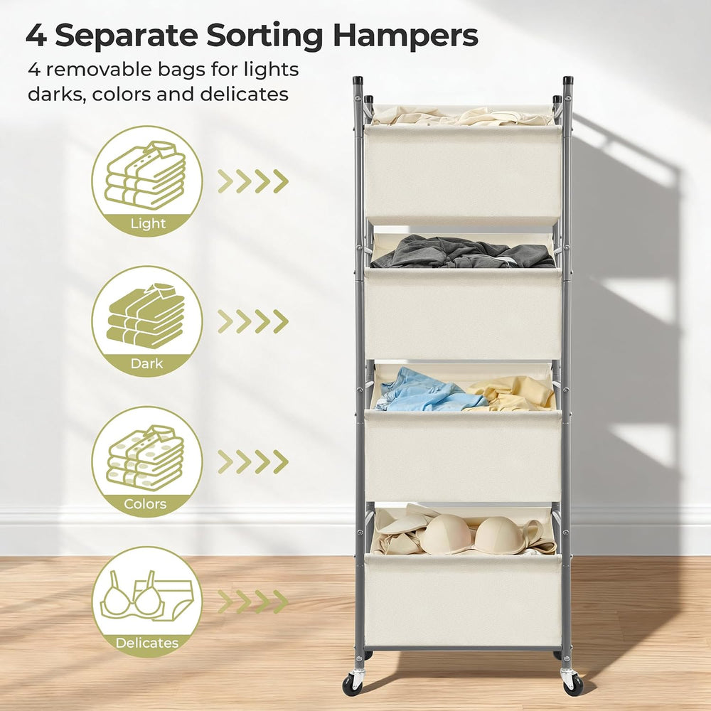 180L 4-Tier Rolling Laundry Hamper with Easy Access Removable Bag, Vertical L...