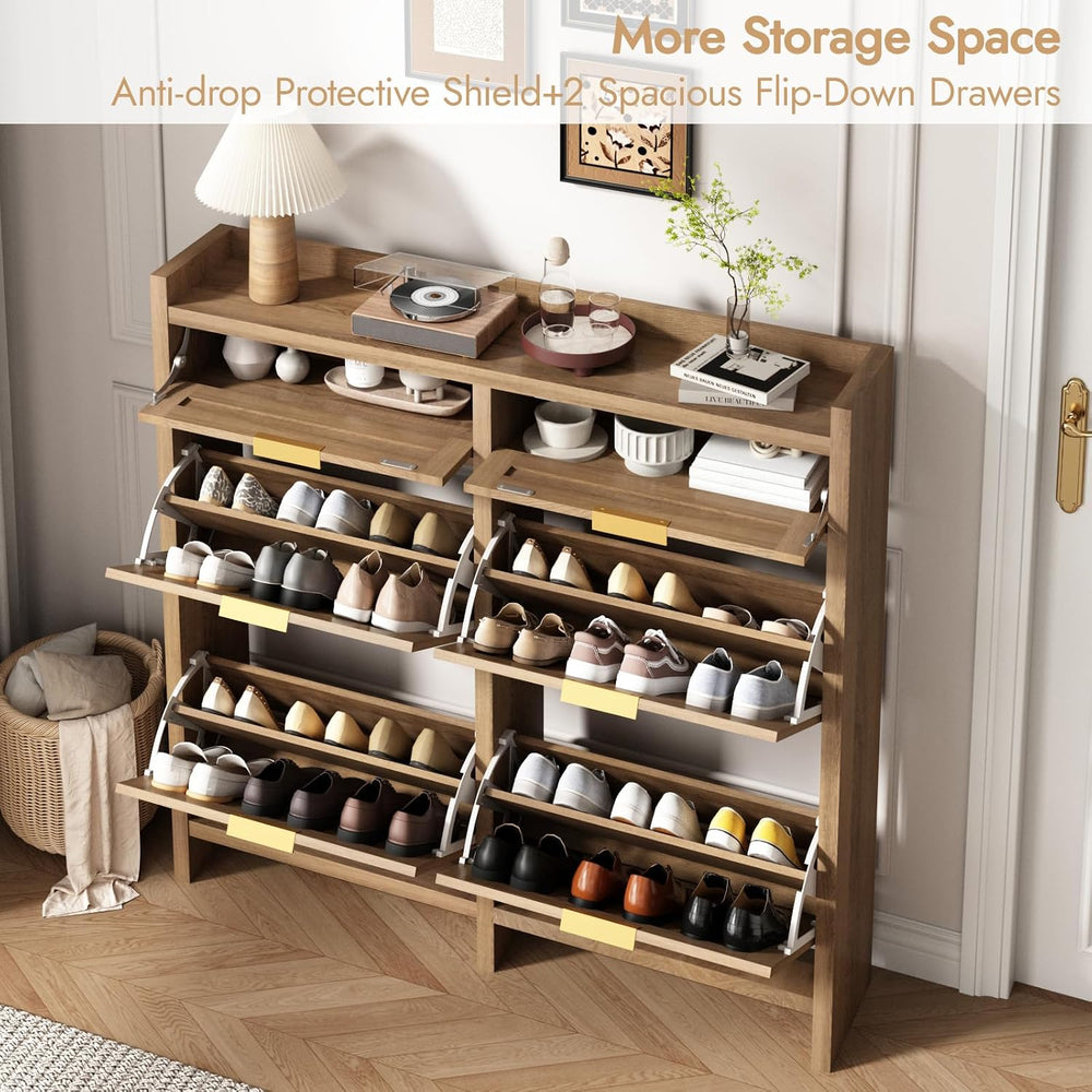 HOKYHOKY Large Rattan Shoe Storage Cabinet with 4 Flip Drawers & 2 Storages