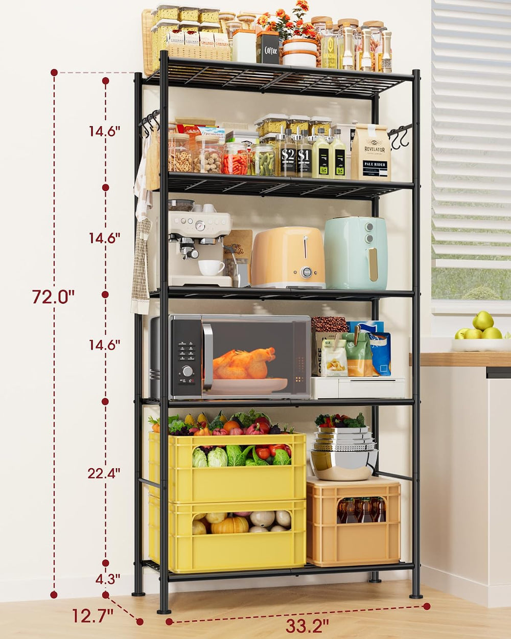 Sakugi Storage Shelves - 5-Tier Spacious Shelf Organizer with Hooks & Lev...