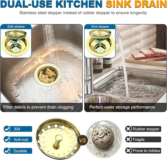 BOTEMY Stainless Steel Gold Sink Drain Strainer Kit 3-1/2 inch Kitchen Drain - Image 4