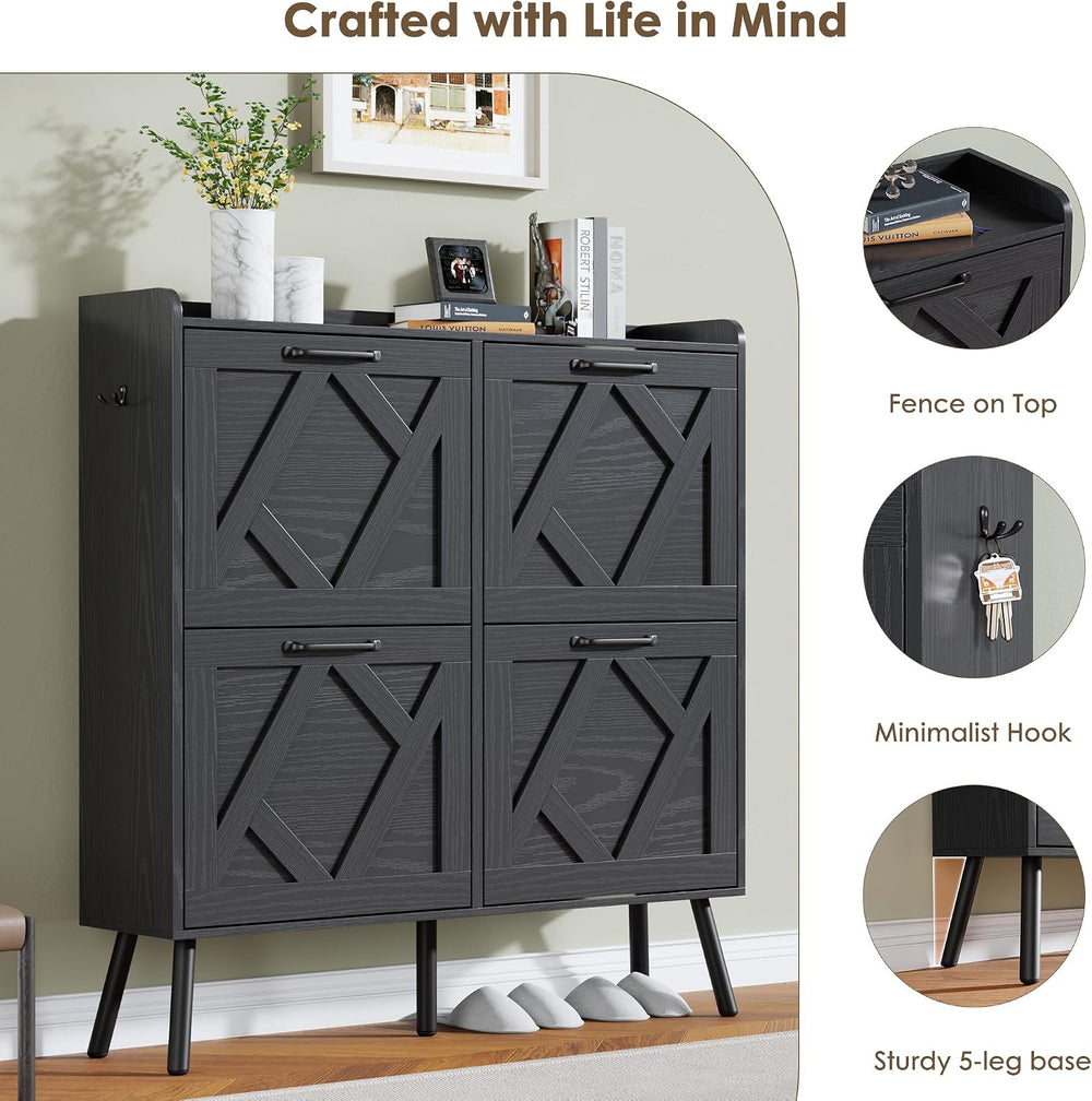 Nicetree Shoe Cabinet with 4 Flip Drawers, Hidden Shoe Rack Cabinet with Meta...