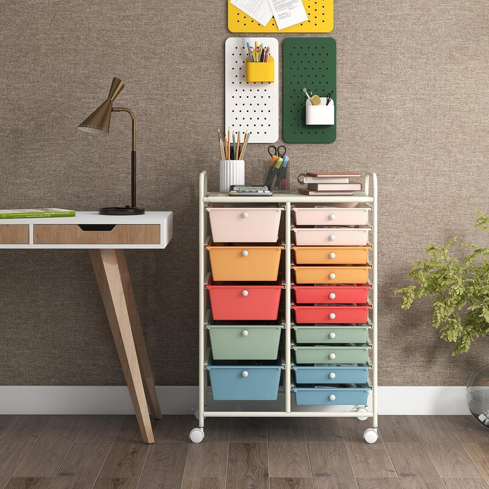 LDAILY 15 Drawer Rolling Storage Cart, Rolling Cart with Drawers for Classroo...