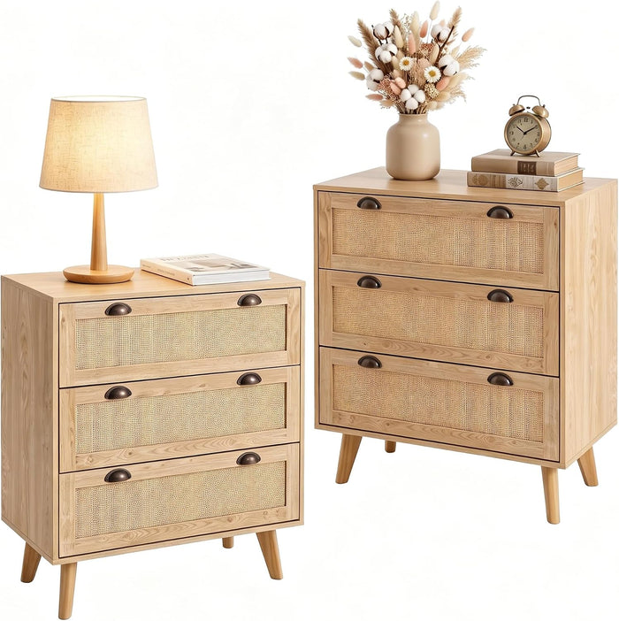 PHI VILLA Rattan Nightstand Set of 2, 3 Drawer Dresser Storage Cabinet