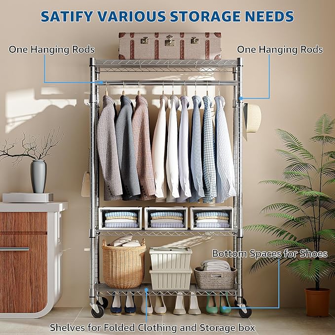 Heavy Duty Rolling Garment Rack 3 Tiers Adjustable Wire Shelving Clothes Rack - Image 3