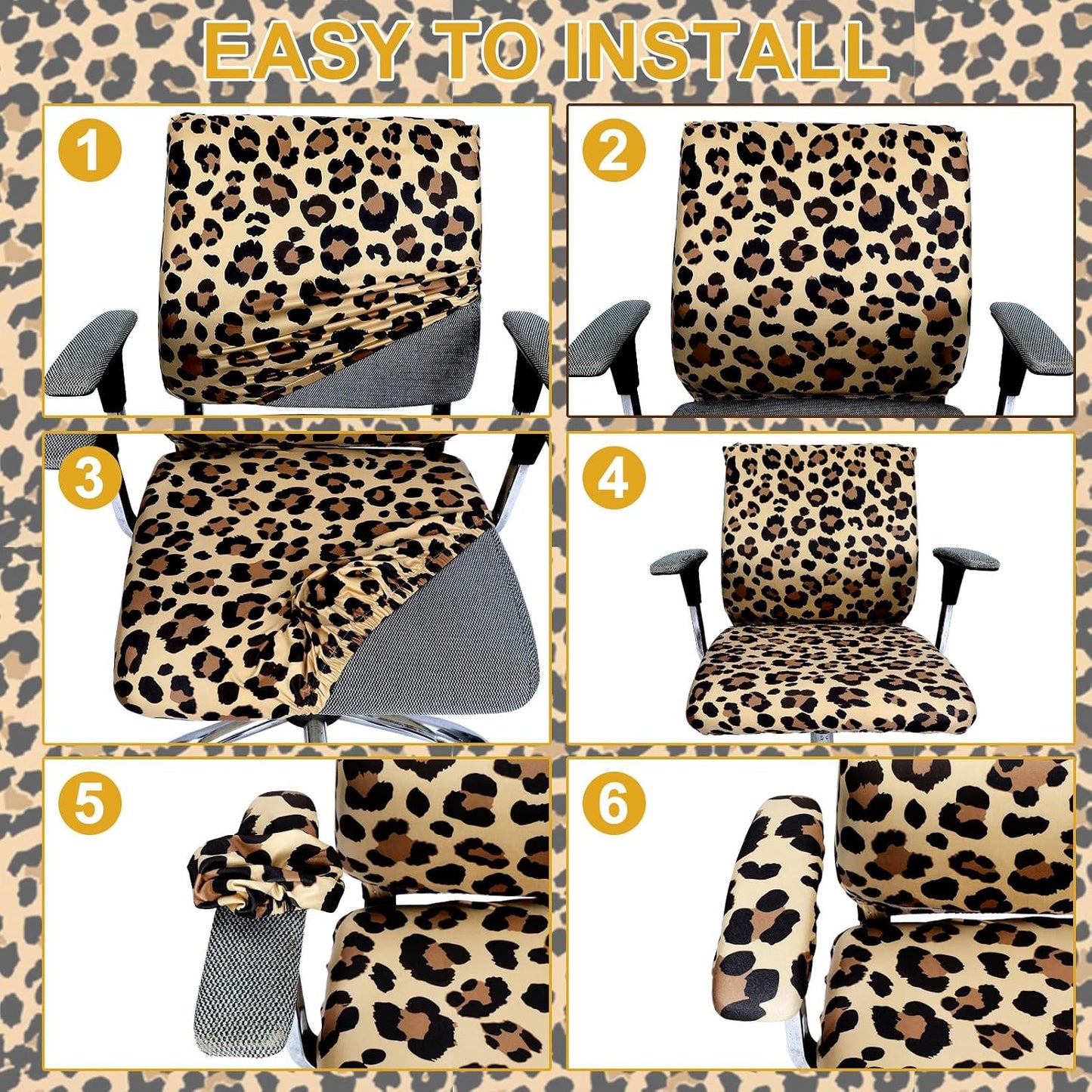 Suncalla 4 Pcs Cheetah Printed Office Chair Covers Set Stretch Leopard Computer Universal Protective Stretchable Chair Seat Covers Washable Desk Armrest Slipcovers Pads for Office Rotating