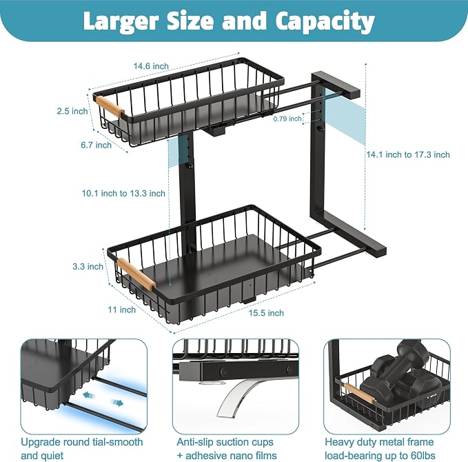 Under Sink Organizer Storage 1 pack, 2 Tier Slide Out Height Adjustable Pull - Image 4
