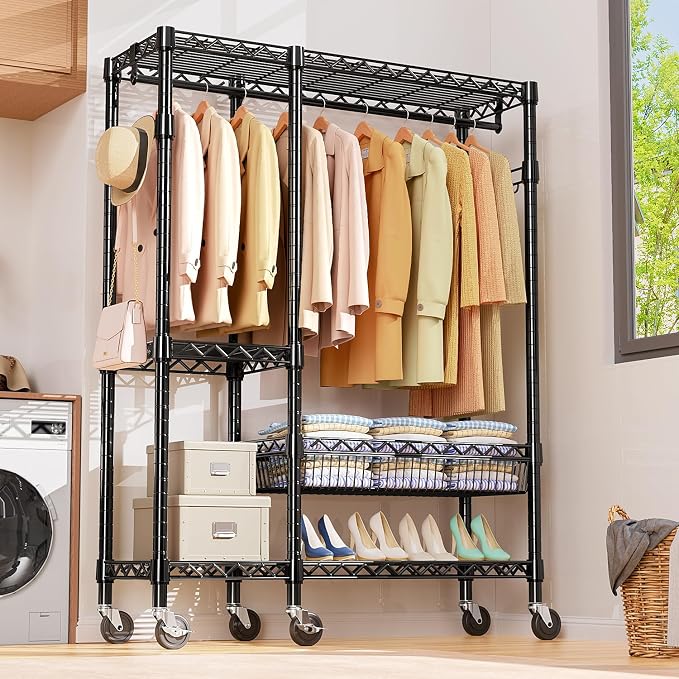 Heavy Duty Rolling Garment Rack 4 Tiers Adjustable Wire Shelving Clothes Rack - Image 4