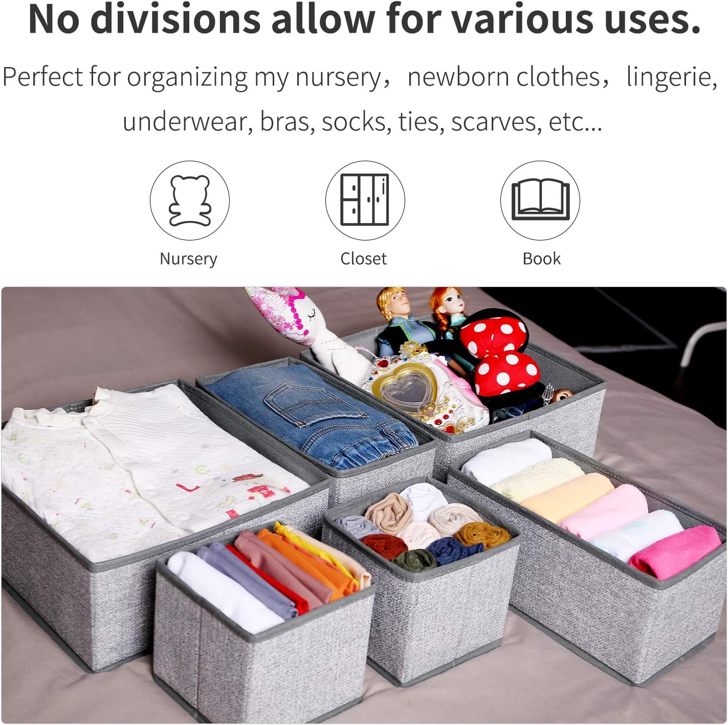 Foldable Underwear Drawer Organizer, Closet Dividers, Storage Box for Clothes, Socks (6 Bins, Gray) (Pack of 2)