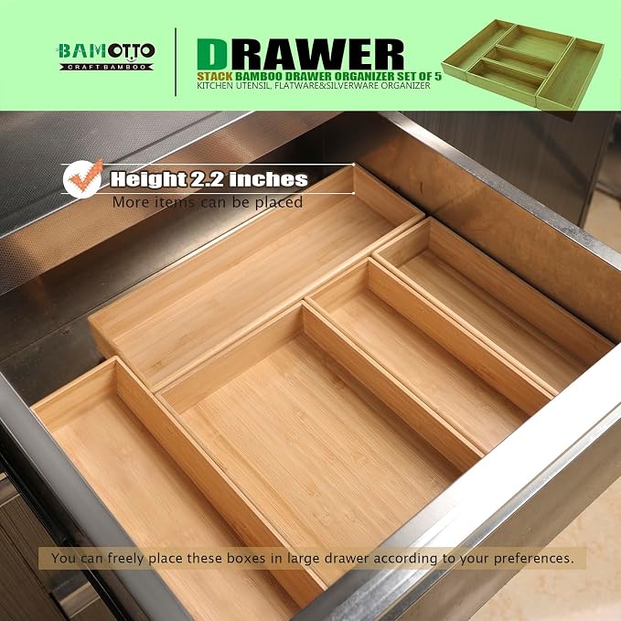 Stack Bamboo Drawer Organizer Set of 5, Kitchen Utensil, Flatware&Silverware - Image 4