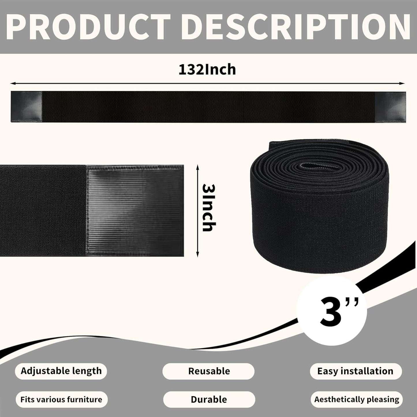 Under Couch Blocker, 3''×132'' Adjustable Elastic Couch blockers for Pets and Kids Toys, Suitable for Multiple Types of Furniture Legs